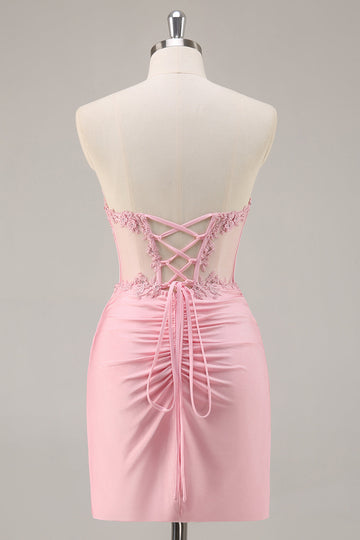 Pink Strapless Corset Beaded Short Tight Cocktail Dress
